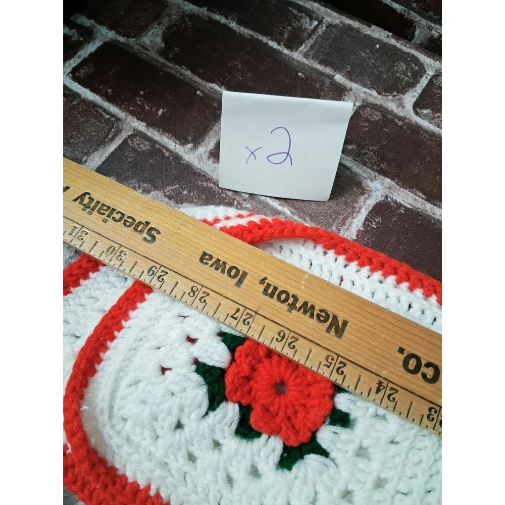 Vintage White Red Crochet Throw Blanket Lap Granny Square 62X62 Homemade Roses